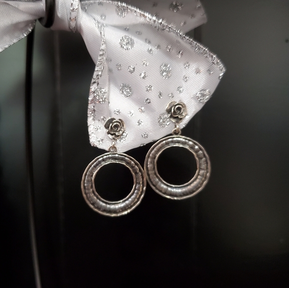 Or Paz PZ Oxidized Sterling Silver Rustic Hammered Drop Circle and Rose Earrings - Picture 6 of 13